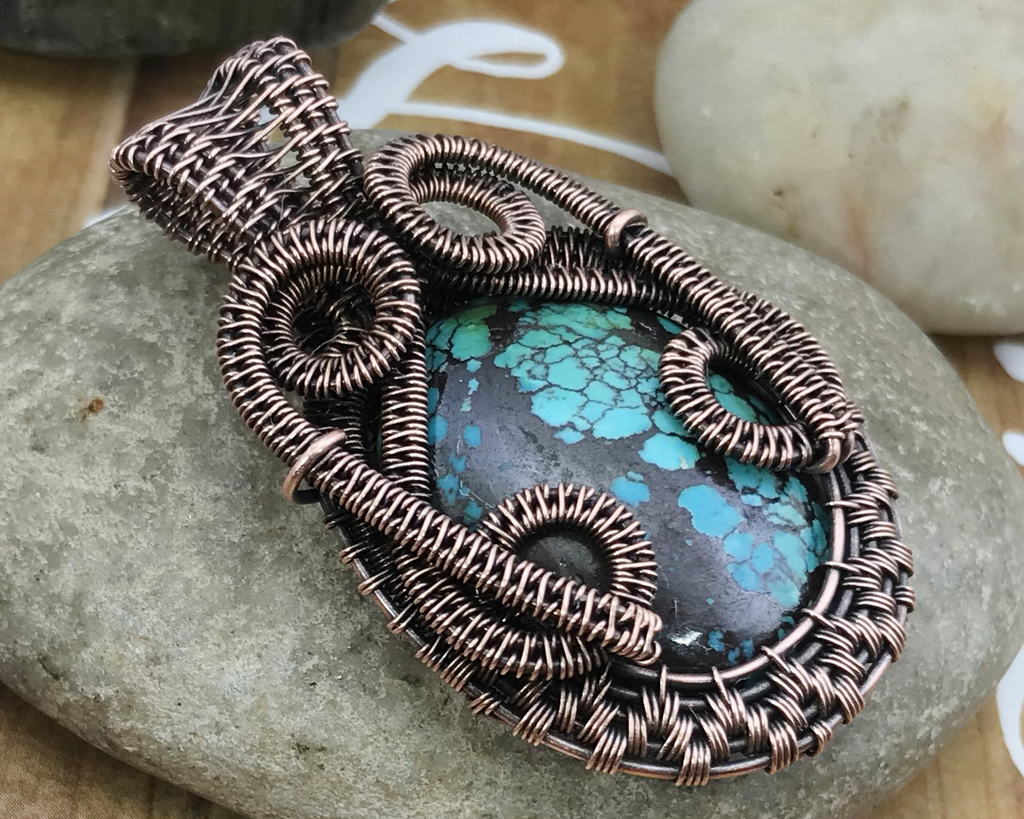 Handmade Oxidized Copper Wire Woven Turquoise Pendant Necklace