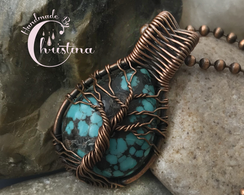 Oxidized Copper Wire Woven Turquoise Tree Of Life Pendant