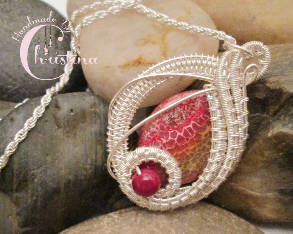 Sterling Silver Wire Woven & Fire Agate Pendant